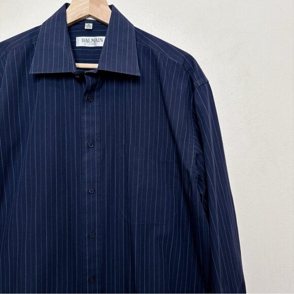 Balmain Paris Mens Medium 15.5 Pinstripe Navy Dress Shirt - Picture 4 of 13